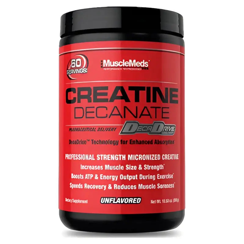 Envase rojo y negro de muscle meds creatine decanate creatina micronizada sin sabor suplemento profesional de fuerza